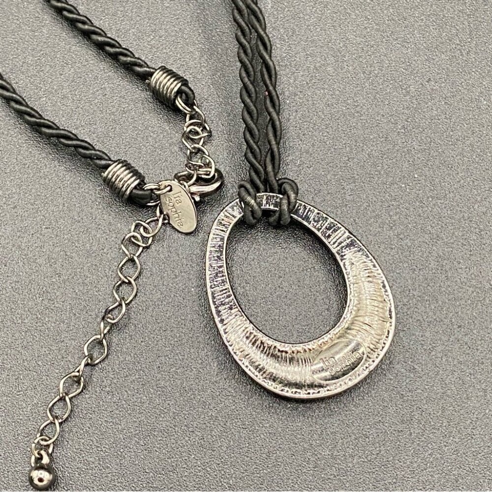 Lia Sophia Retired Black Cord Necklace w/ Sparkly Crystal Teardrop Oval Pendant - Picture 8 of 16
